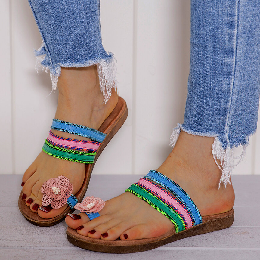 53% OFF on LOSTISY Women Bohemian Flower Decoration Toe Ring Casual Summer Flat Sandals