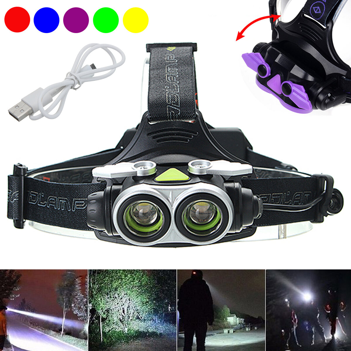 

XANES® 7305-B 4-Modes 2xT6 LED USB Rechargeable Headlamp Outdoor Waterproof Head Torch Ultra Bright Search Head Light