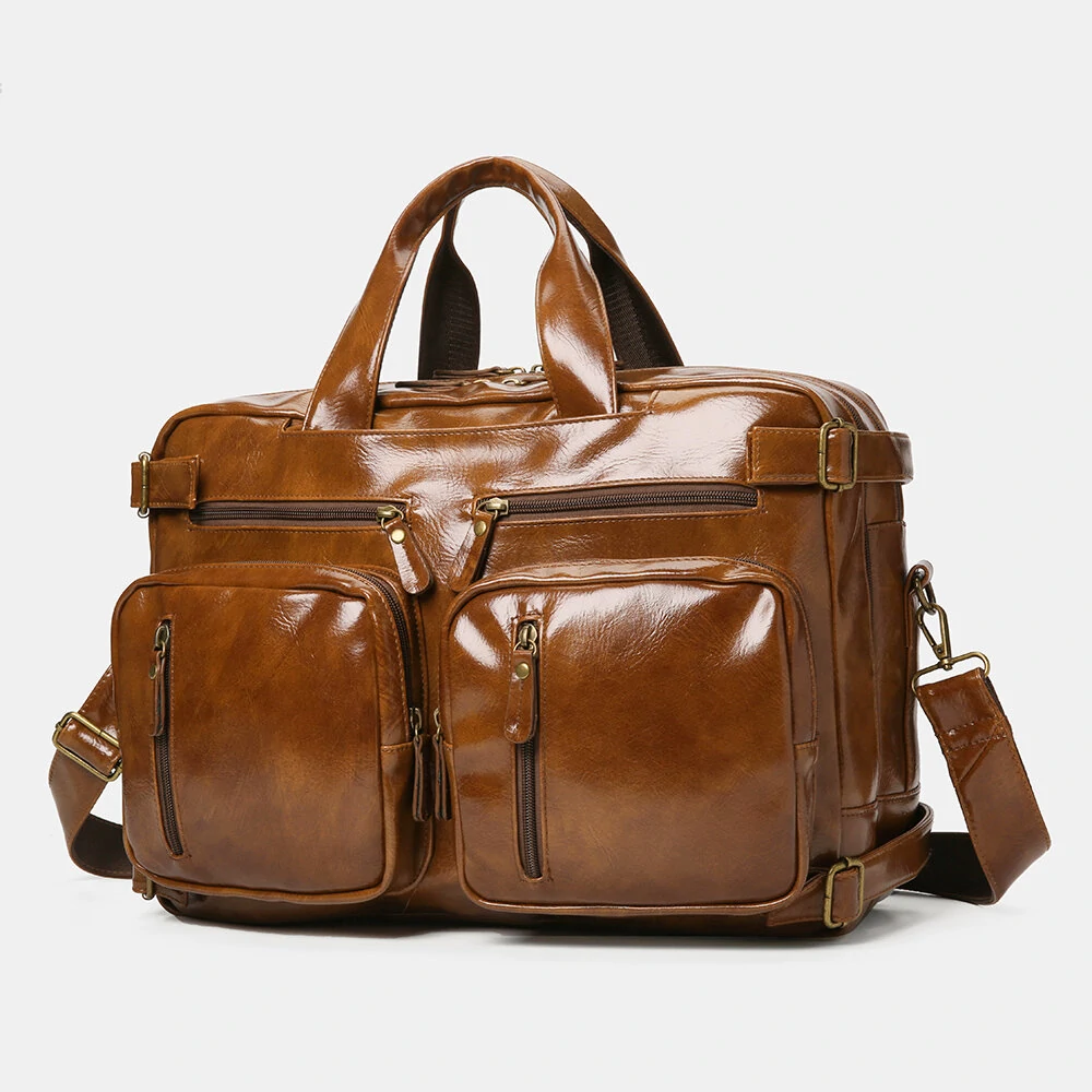 Ekphero men vintage business multi-pockets backpack large capacity waterproof multi-carry briefcase crossbody bag