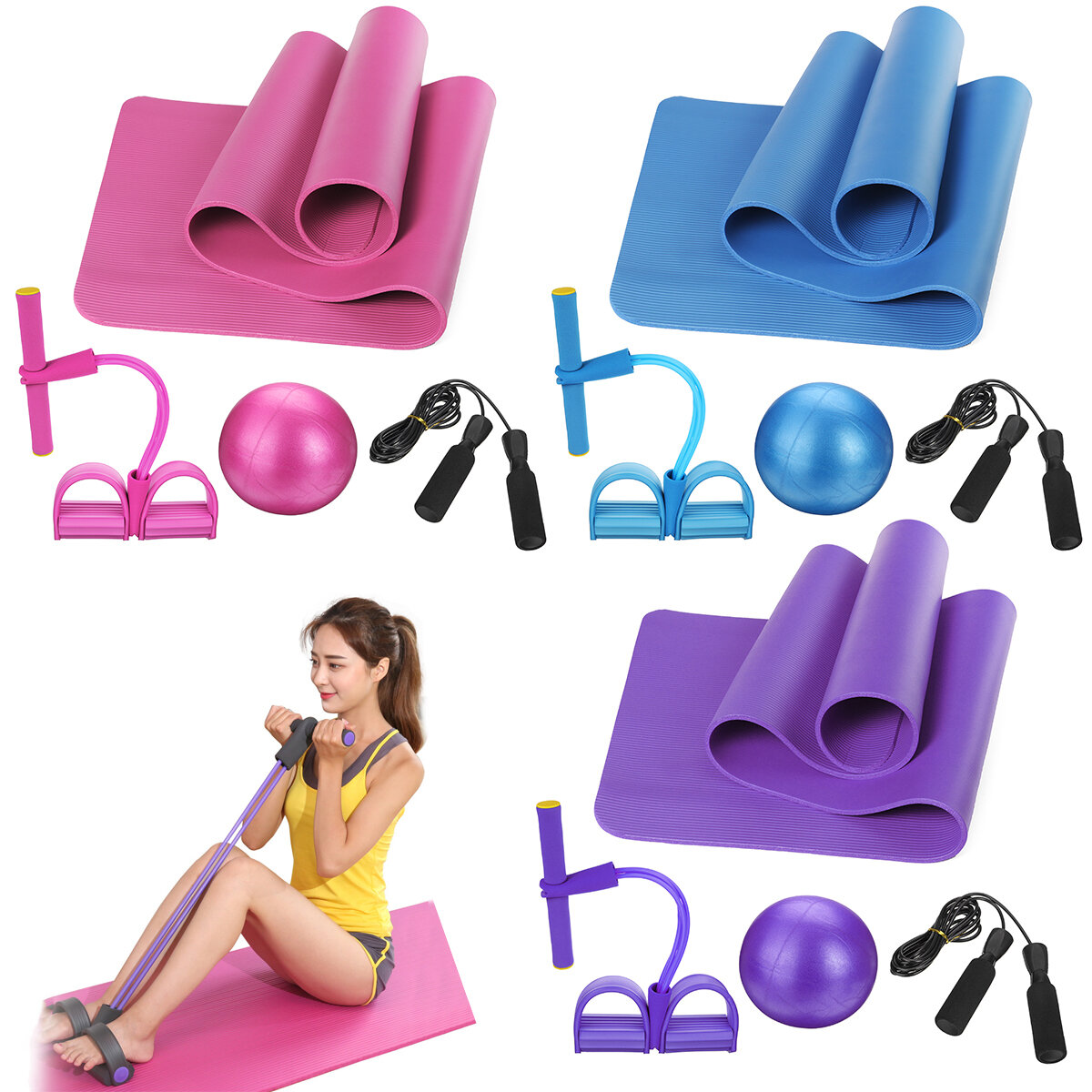 4 STKS Yoga Beginnerskit Set Antislip Pilates Bal + Springtouw + Weerstandsband + Yoga Matten Home F