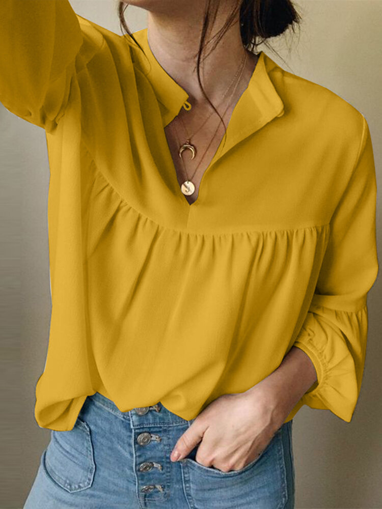 

Puff Sleeve O-neck Elastic Cuffs Solid Color Daily Casual Blouse For Women