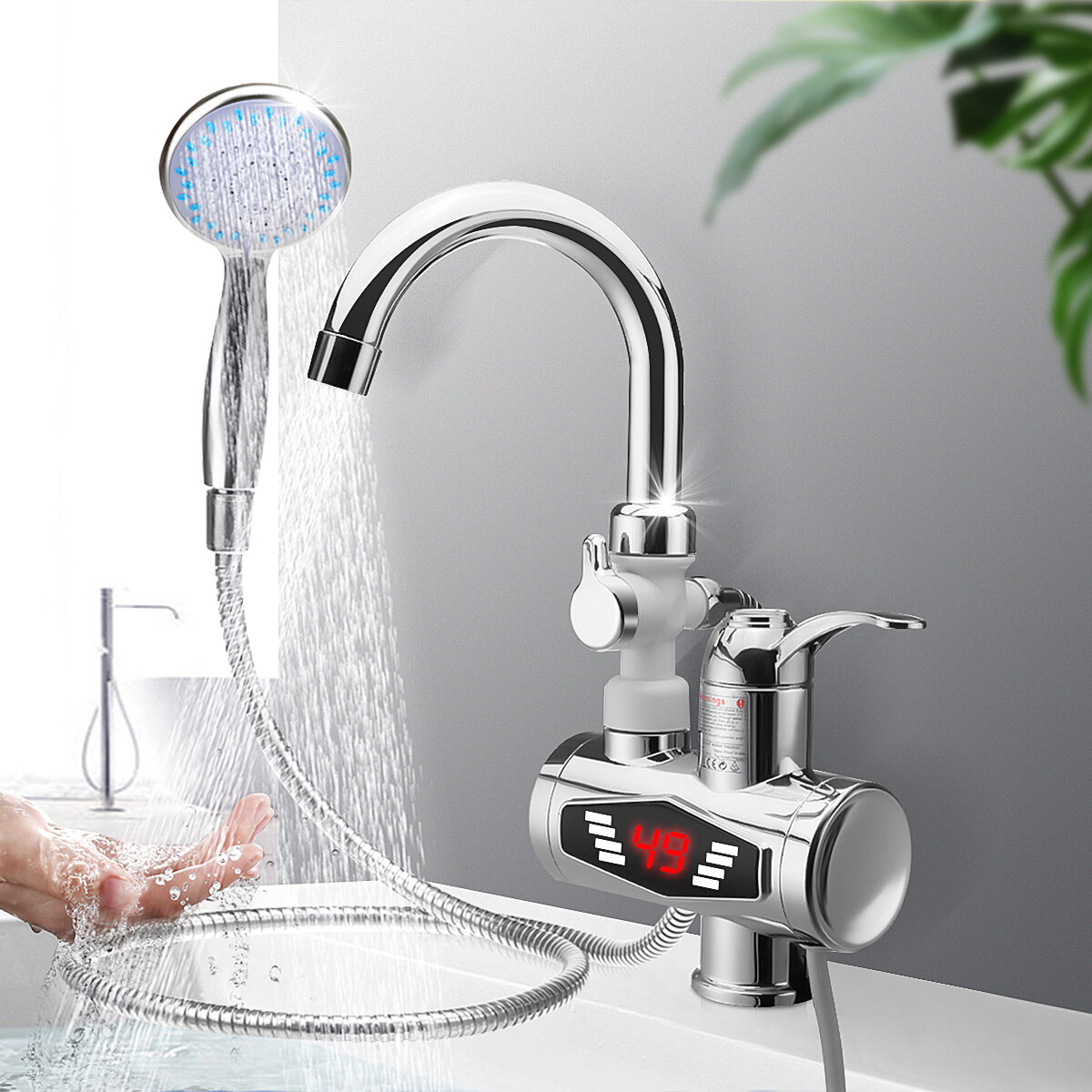 

3000W 220V 3s Fast Heat 360 Degree Rotation Temp Display Electric Faucet Tap Hot With Shower