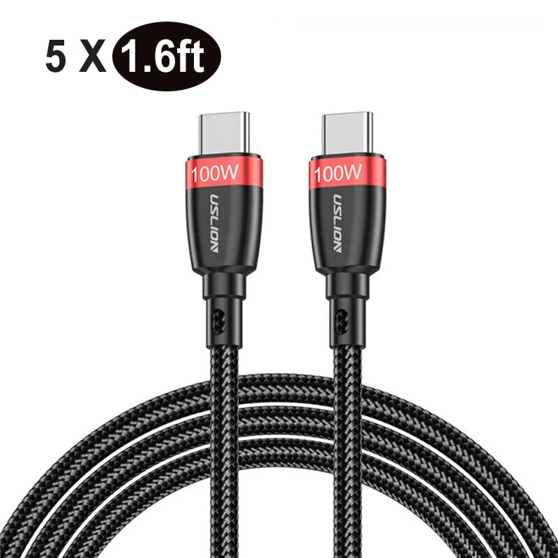

【5 Pack】USLION 100W 5A USB-C to USB-C Cable 0.5M/1.6ft PD3.0 Power Delivery Cable QC4.0 Quick Charge Data Sync Cord For