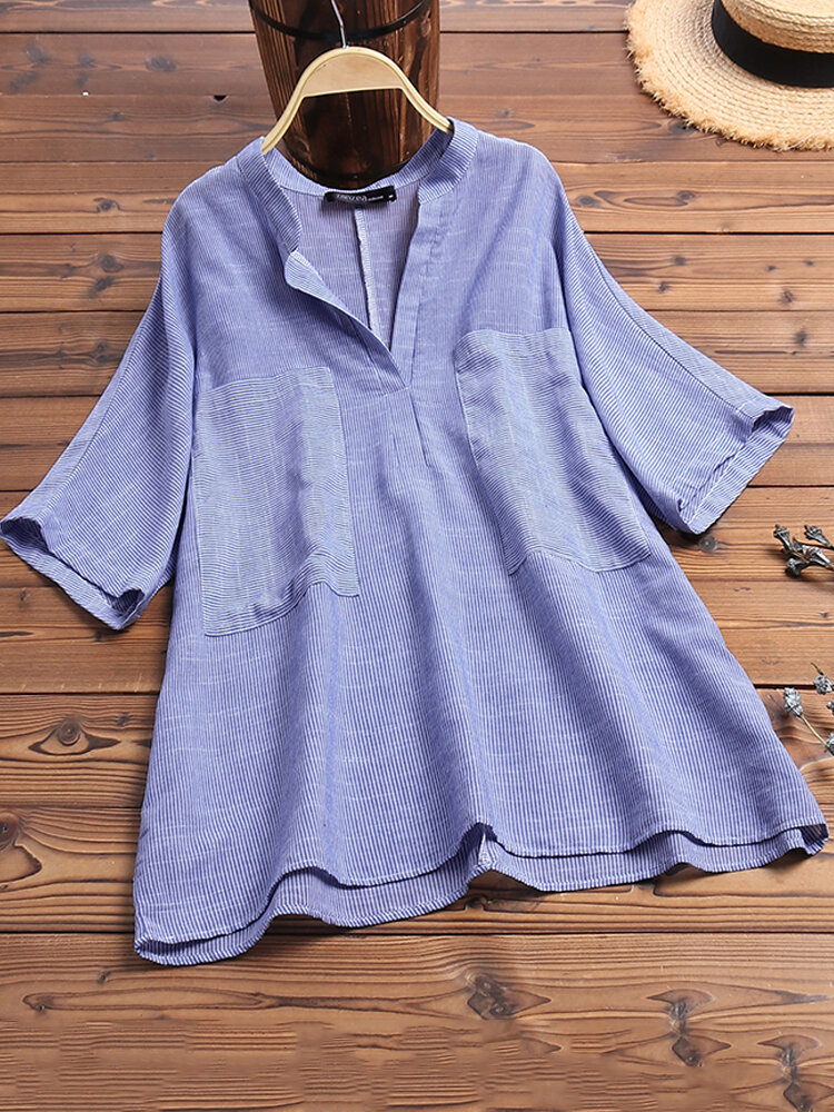 Women 3/4 sleeve stripe pocket casual blouse Sale - Banggood.com