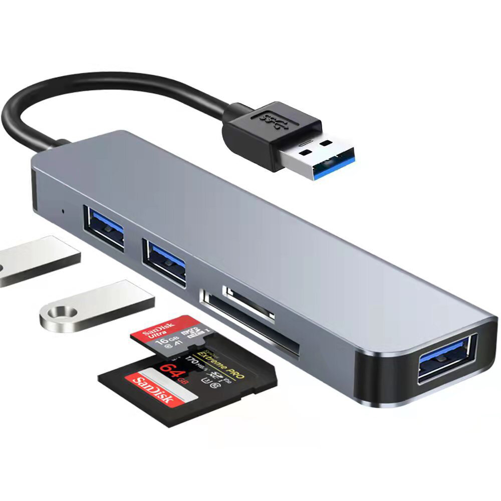 Mechzone 5 IN 1 USB 3.0 Hub Splitter Adapter Docking Station with USB 3.0 USB 2.0 SD/TF Card Reader Slot for PC Computer Feature ● 5 In 1 USB 3 0 Hub Splitter  plug and play  no driver needed● Multiple ports simultaneous connection● Fast data transfer with USB 3 0USB 2 0 port● SD   TF card reader slot● Aluminium Alloy material accelerates heat dissipation● Compact and lightweight design  convenient to carrySpecifications  Product Type5 IN 1 USB 3 0 HubModelBYL 2103UColorDark GreyMaterialAluminium Alloy ABSInput InterfaceUSB 3 0Output InterfaceUSB 2 0   2USB 3 0   1SD Card Reader Slot   1TF Card Reader Slot   1Transfer RateUSB 3 0  5GbpsUSB 2 0  480MbpsCable Length135mmPackage Included 1 x 5 IN 1 USB 3 0 Hub