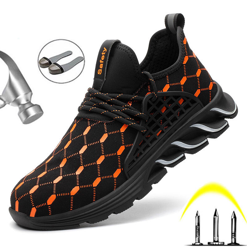 Sapatos de trabalho masculinos antiderrapantes tênis de segurança com biqueira de aço respirável antiderrapante tênis para caminhada corrida