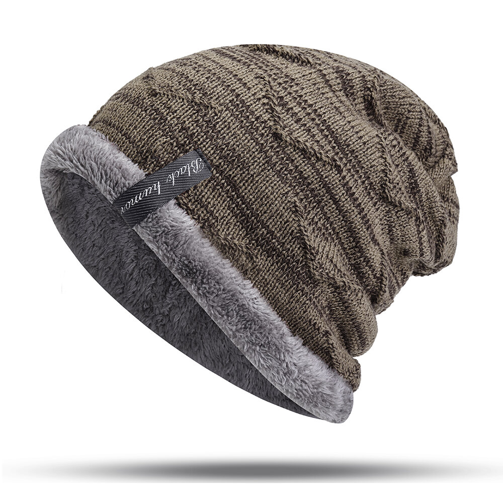 Image of Herren Plus Velvet Knitted Stripe Beanie Hte Outdoor Winter Warme Skullcap Beanie