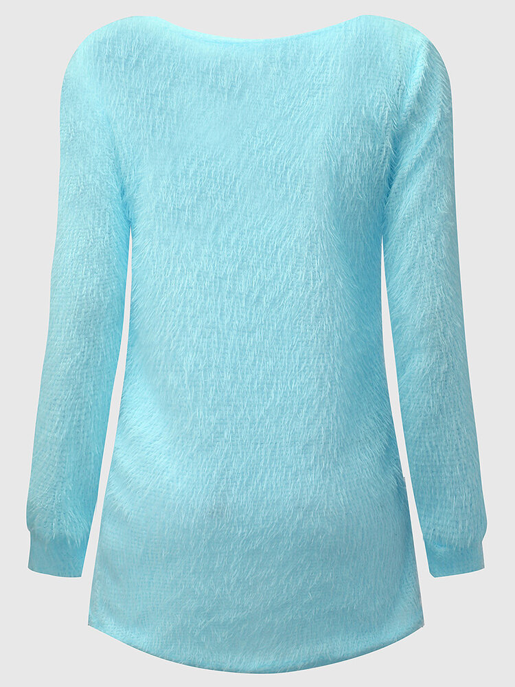 Casual Pure Color Long Sleeve Crew Neck Tops Sweaters