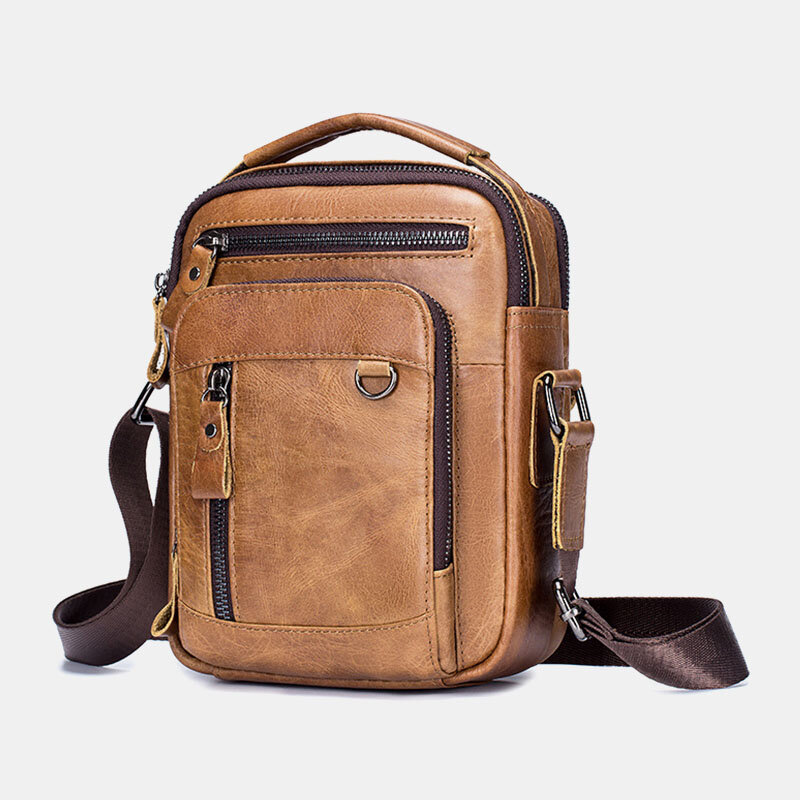 Men Multi-pocket Genuine Leather Crossbody Bags Back Anti-theft Pocket Design Wear-resistant Large C