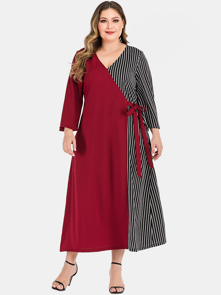 Image of Plus Size Frauen Stripe Print Patchwork V-Ausschnitt Cross Tether Maxi-Kleid