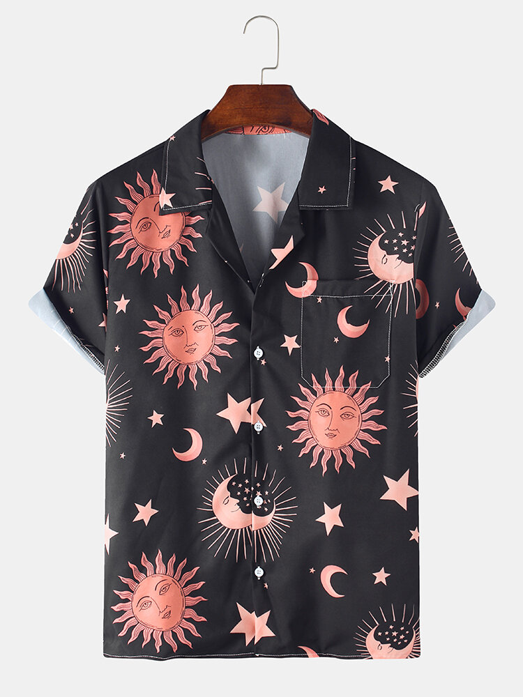 Sun Moon Cartoon Printing Casual Revese-shirts met korte mouwen
