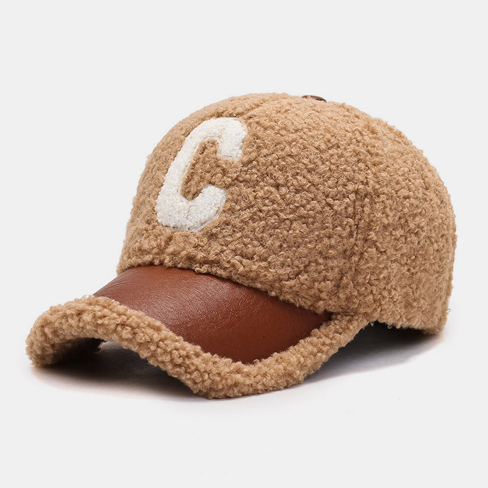 

Men Baseball Cap Plush PU Patchwork C Letter Pattern Outdoor Warmth Fashion Ivy Driving Hat for Women