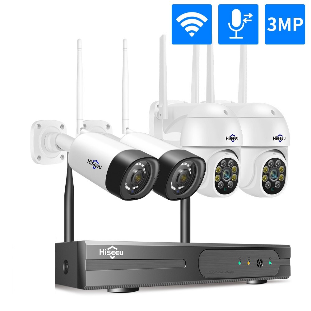 Hiseeu Wireless 8CH 4PCS 3MP Two-Way Audio Security PTZ 5X Digital Zoom Outdoor & Bullet WIFI IP Cameras Waterproof CCTV Kit