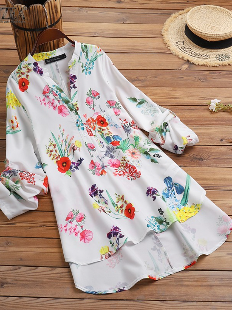 Flower Plants Print Pocket Button Stand Collar Long Sleeve Blouse