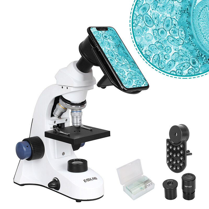 [US Direkte] ESSLNB ES1040 Mikroskop for juniorstudenter voksne 40X-1000X med lysbilde LED-gjennomsiktig og lys coaxial grov og fin driv alle optiske glass batteri og nettdrift