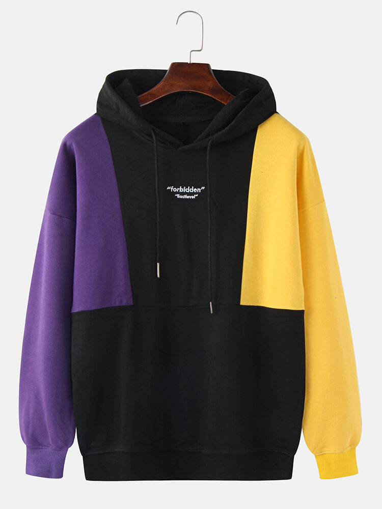 

Mens 100% Cotton Colorblock Stitching Letter Embroidery Drop Shoulder Drawstring Hoodies