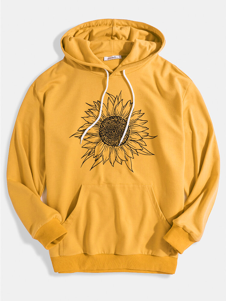 

Mens Sunflower Print Relaxed Fit Kangaroo Pocket Drawstring Hoodies