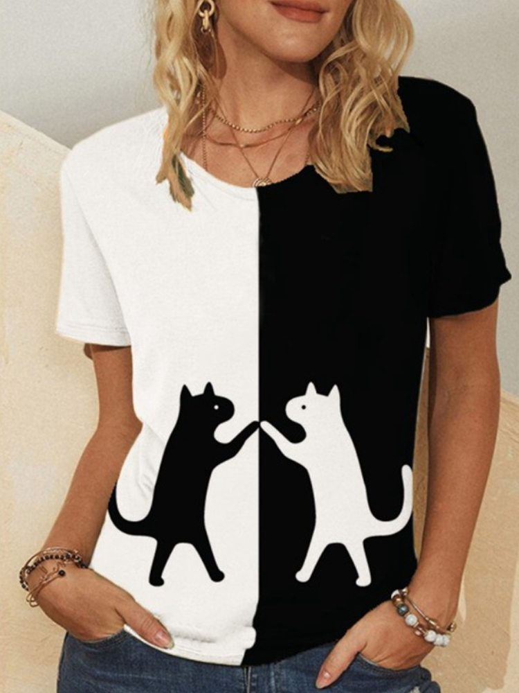Cat Print Patchwork Short Sleeve Plus Size Casual T-shirt