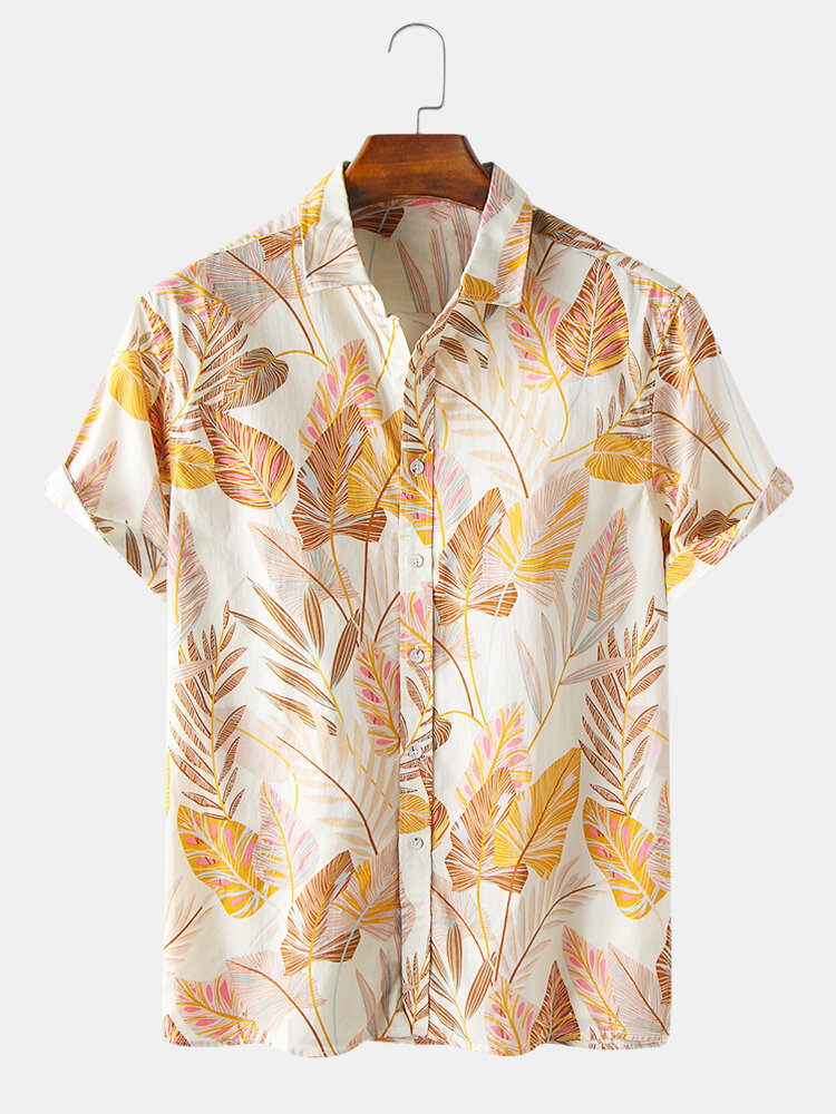 

Mens Colorful Tropical Plant Leaves Print Fold Down Collar Short Sleeve Hawaii Casual Shirts