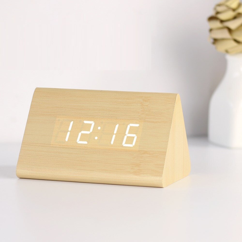 YJ-5036 LED Alarm Clock Creative Simple White Light Voice Control Temperature Display Calendar Woode