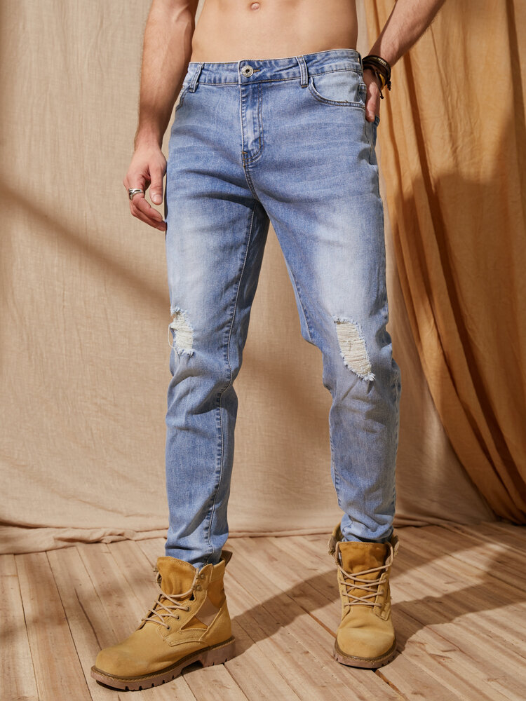 Heren Stick Achterzakken Gescheurde Lange Casual Jeans