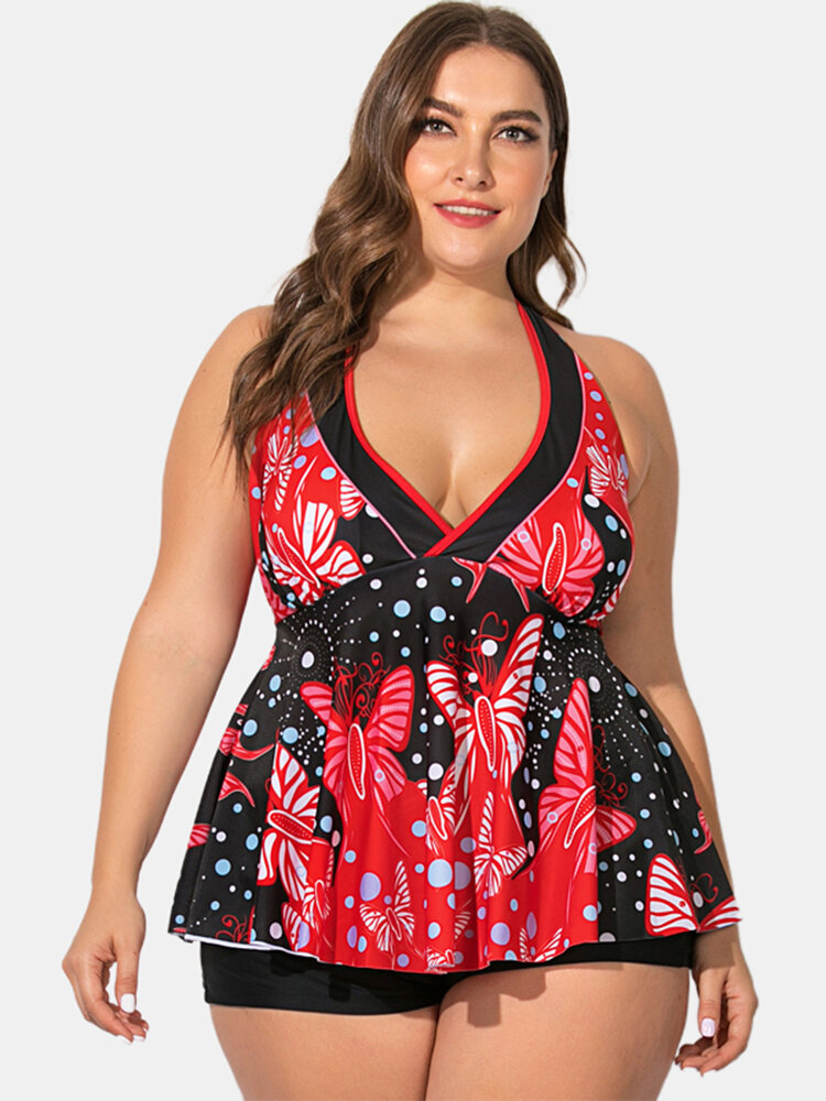 Image of Plus Size Damen Badeanzug Halfter String Floral Print V-Ausschnitt Backless Swimdress
