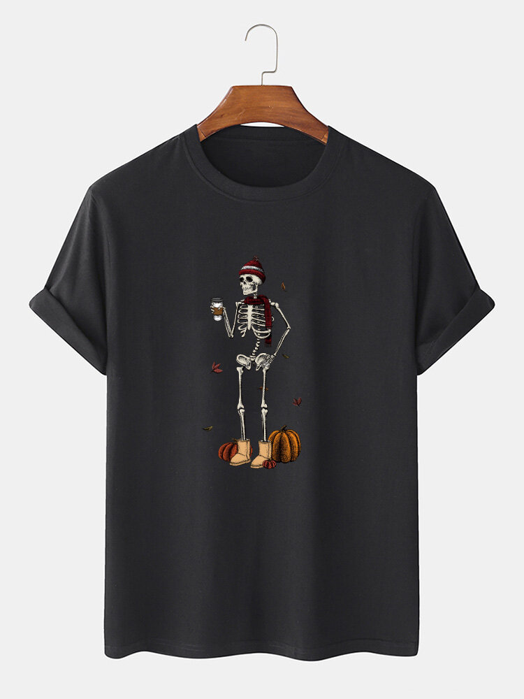 100% katoenen heren grappige pompoen skelet print Halloween korte mouwen T-shirts