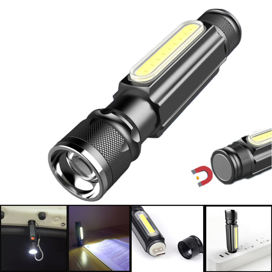 800LM T6+COB Zoomable Multifunction LED Flashlight with Magnet Handy＆18650 Li-Battery USB Rechargeable Work Light Pocket