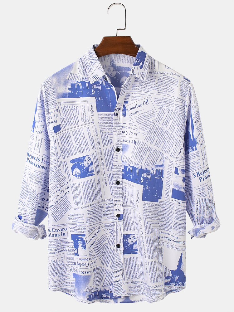 Heren 100% katoen Vintage Allover tekst fotoprint Casual shirts met lange mouwen