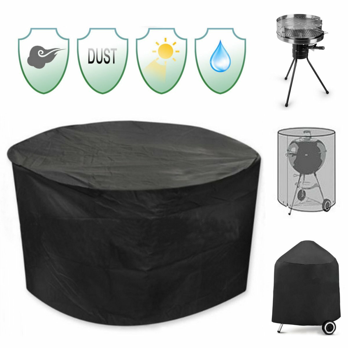 Capa protetora impermeável e contra raios UV para uma grelha redonda de pátio de 30 polegadas, cadeiras, mesa e abrigo preto