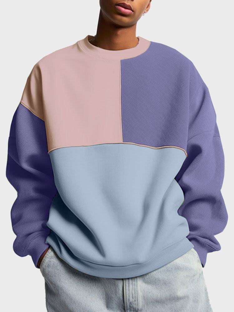 Mens Color Block Patchwork Crew Neck Loose Pullover Sweatshirts