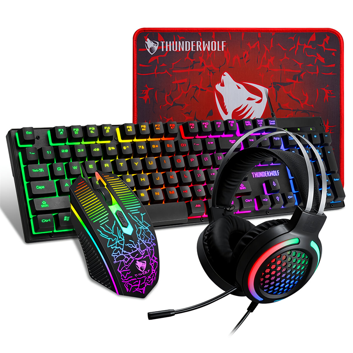 

T-Wolf TF400 4Pcs Gaming Devices Set 104 Keys LED Backlit Gaming Keyboard 2400DPI Mouse 50mm 3.5mm Wired Headset Anti-sl