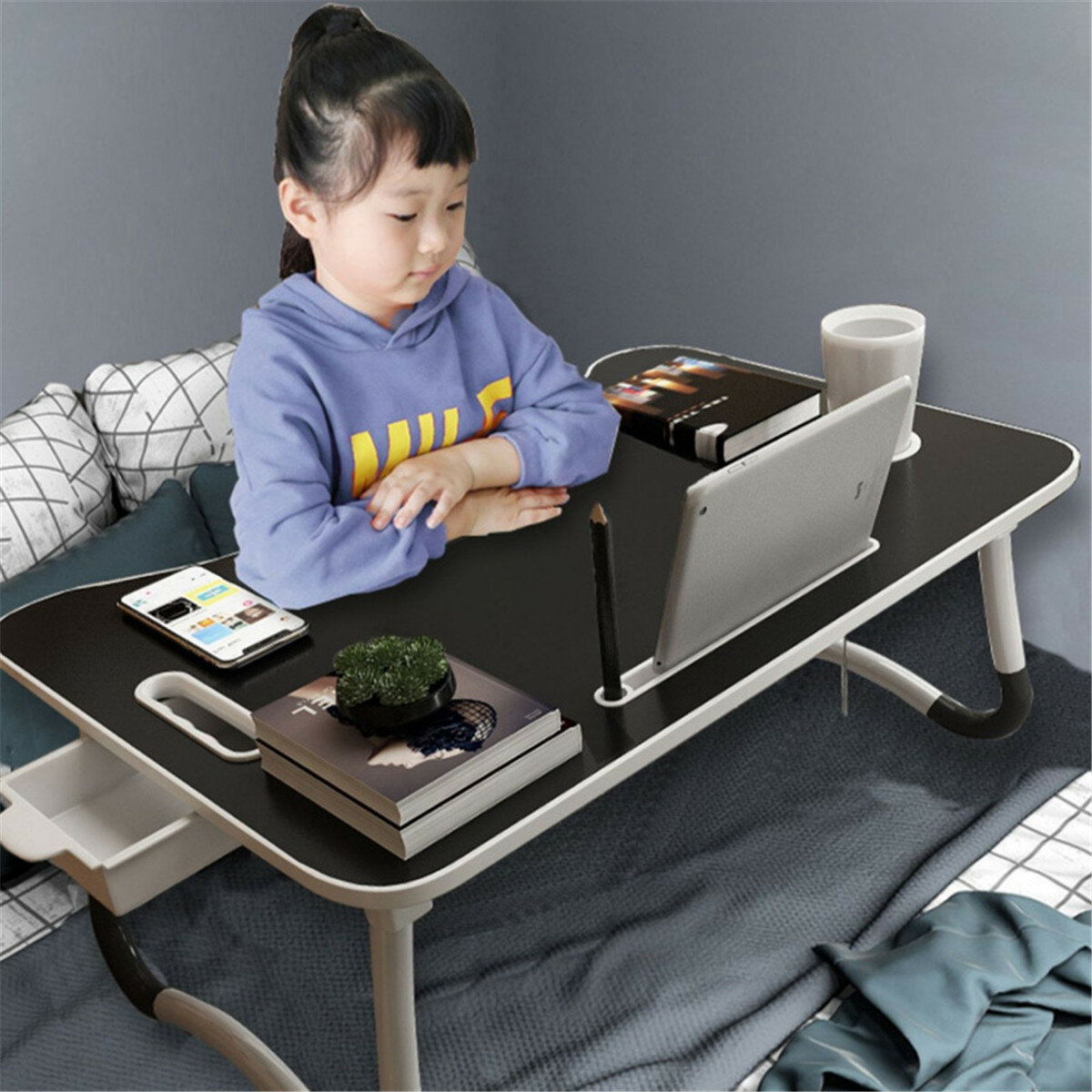 60x40cm Curved Design Folding with Drawer Cup Slot Home Bed Macbook Phone Storage Wooden Desk