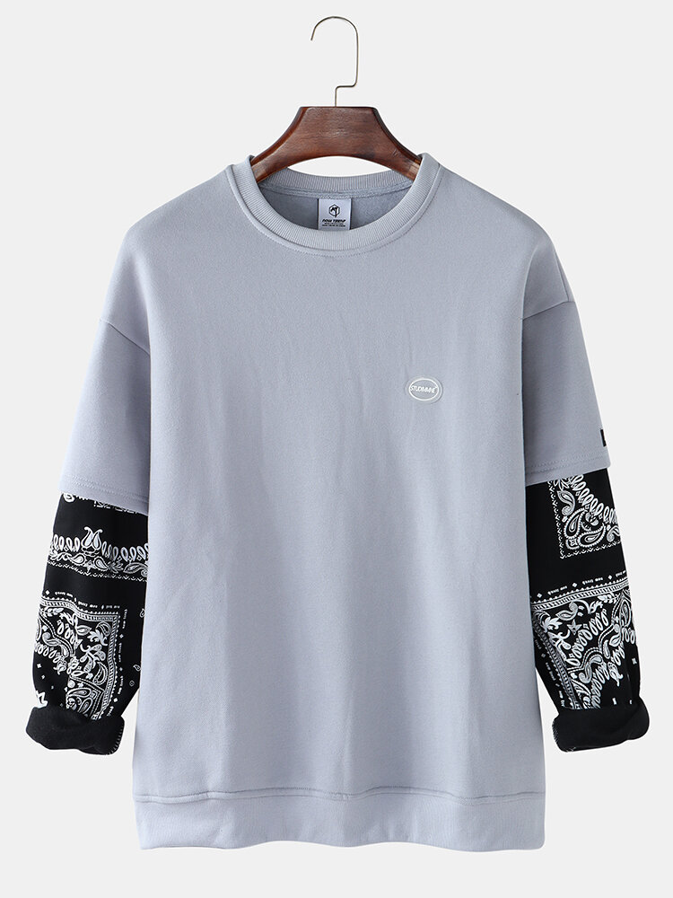 Heren patchwork paisley print faux twinset pullover drop shoulder sweatshirts