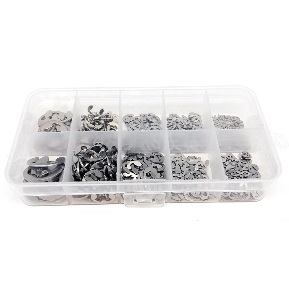 580pcs/set 10 sizes m1.5 to m10 washer assortment kit black or stainless steel shaft external retaining ring e clip snap circlip washer