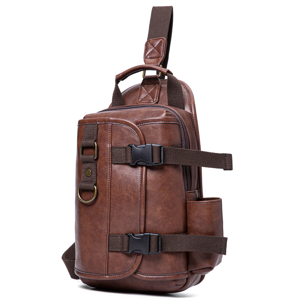 

Men PU Leather Large Capacity Multifunction Headset Hole USB Charging Short Trip Sling Bags Crossbody Bag Chest Bag