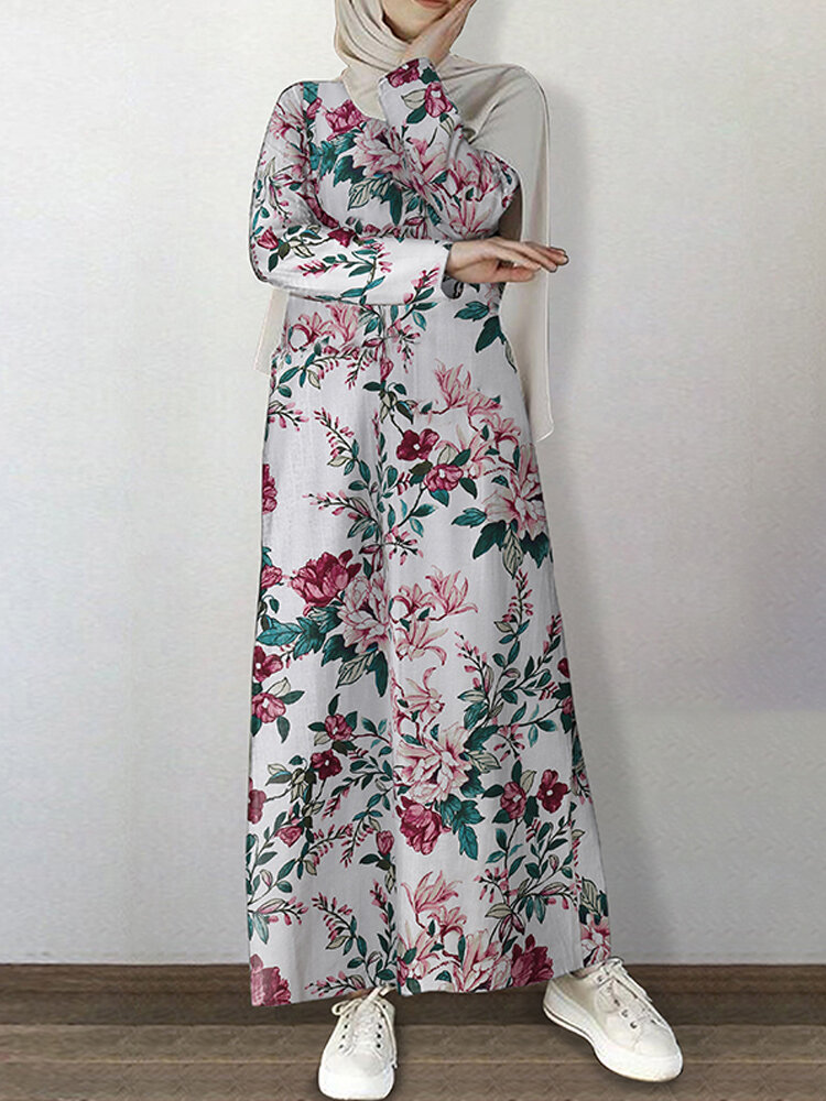 Femmes 100% Coton Vintage Imprimé Floral O-Neck Abaya Kaftan Maxi Robe À Manches Longues Avec Poche