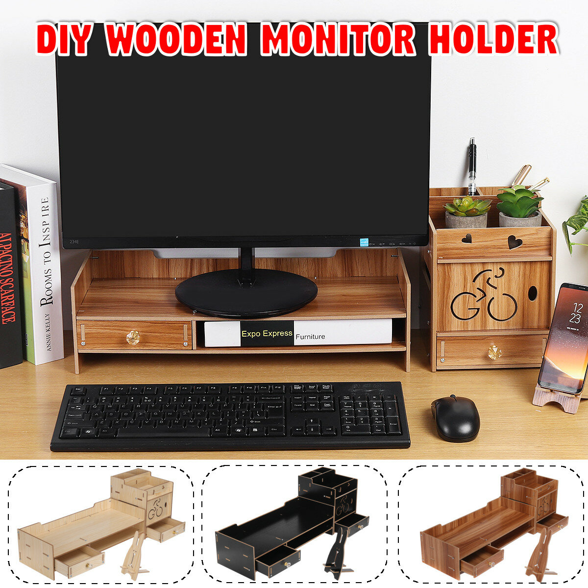 49X20X13.5cm Multifunctional Wooden Monitor Riser Stand Desktop Holder File Storage Drawer for iMac
