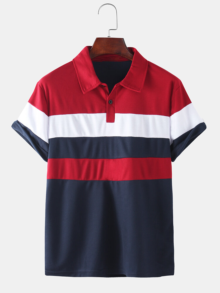 Image of Mens Color Blcok Kurzarm Half Open Turn Down Kragen Casual Golf Shirt
