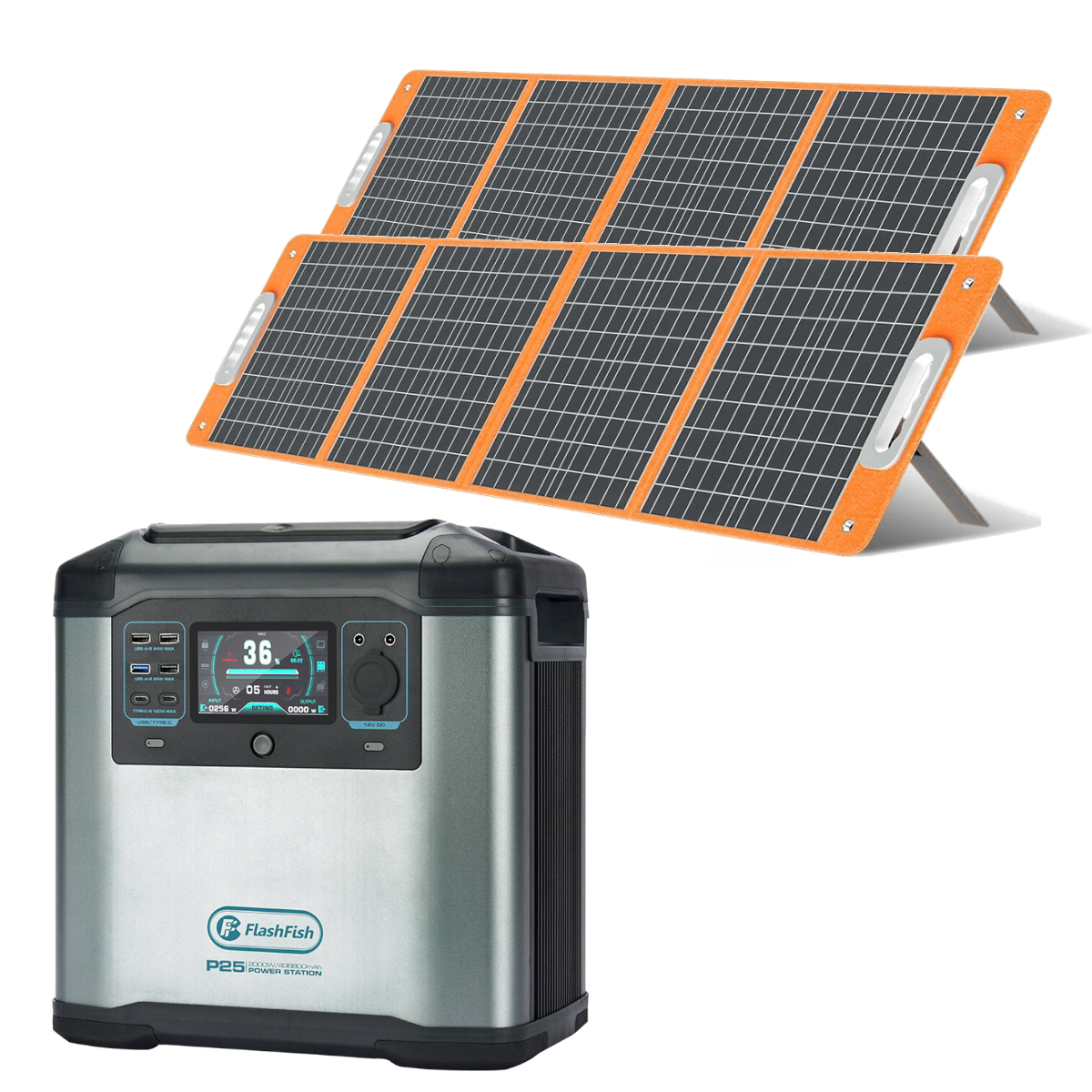 [EU Direct] FlashFish P25 Station d'alimentation portable de sortie 2000W-4000W avec 2 panneaux solaires pliables TSP 18V 100W, alimentation extérieure de 1572Wh/436800mAh, stockage d'énergie domestique en extérieur, générateur d'énergie pour le camping