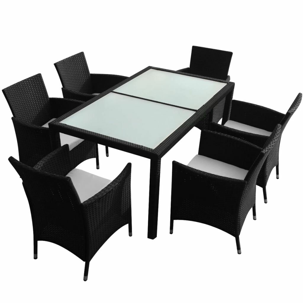 7 Piece Outdoor Patio Dining Furniture Set with Cushions Poly Rattan Black