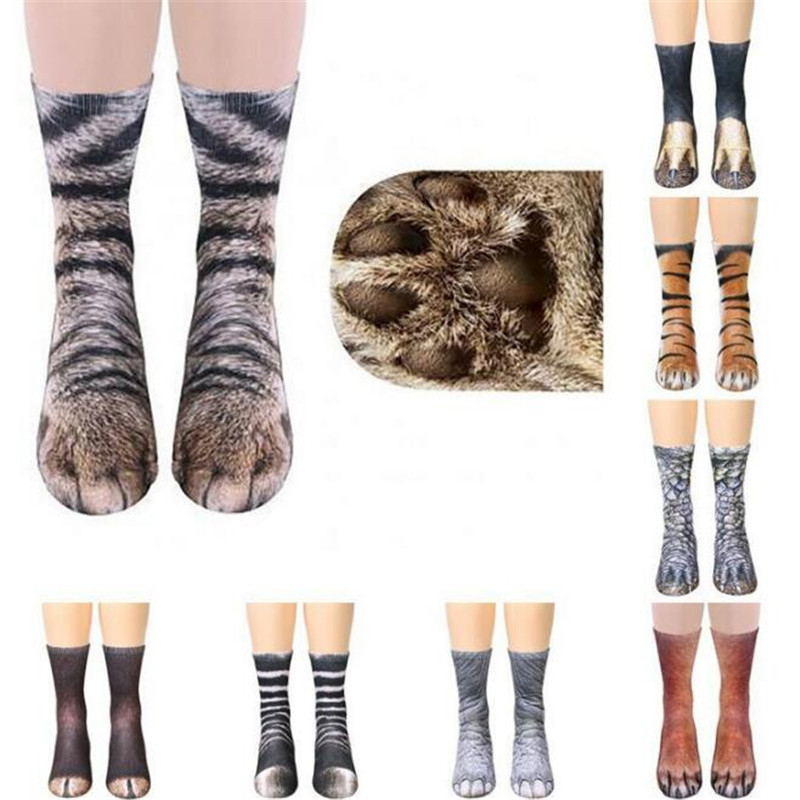 Creative 3D Print Adult Animal Paw Socks Unisex Crew Cat Long Tube Stocks Elastic Breathable Sock Dog Tiger Zebra Pig C