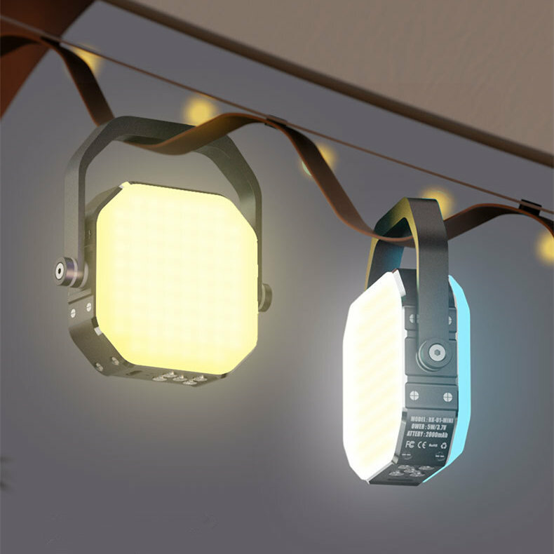 Lanterna de camping multifuncional com luzes coloridas ajustáveis, música e 10 modos de iluminação para acampamento e festas.