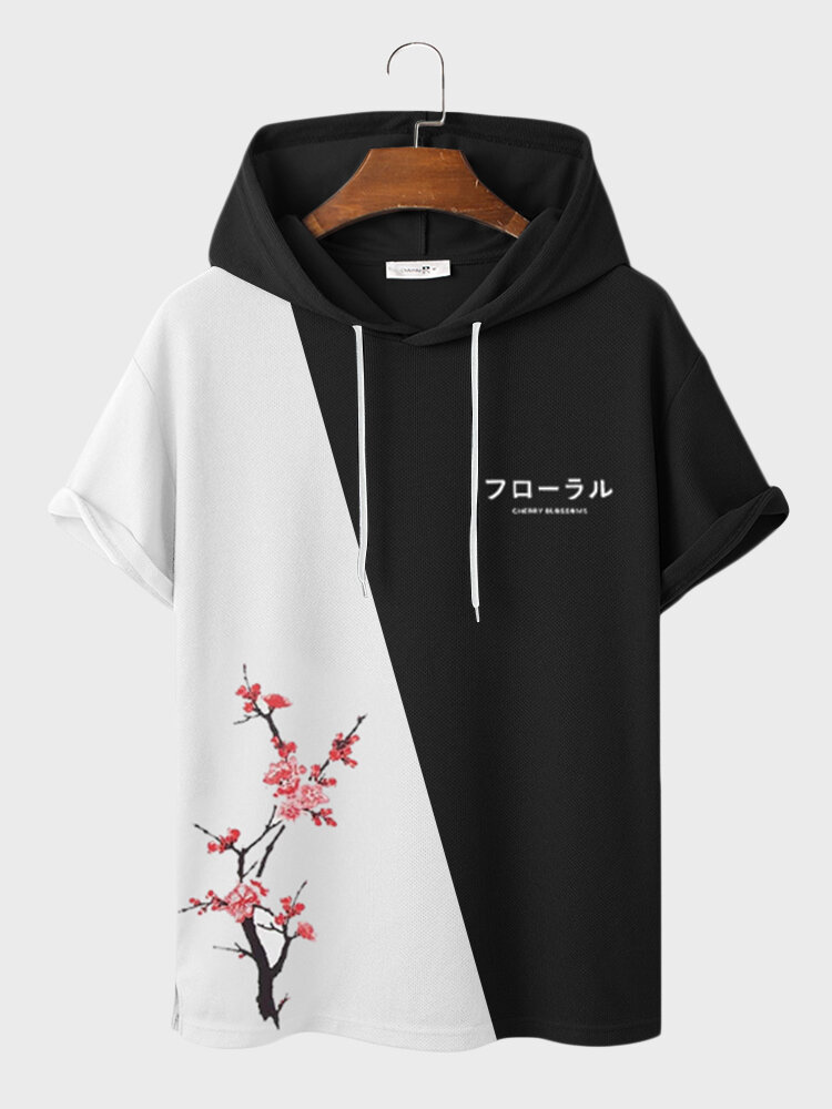 

Mens Japanese Cherry Blossoms Print Patchwork Knit Short Sleeve Hooded T-Shirts