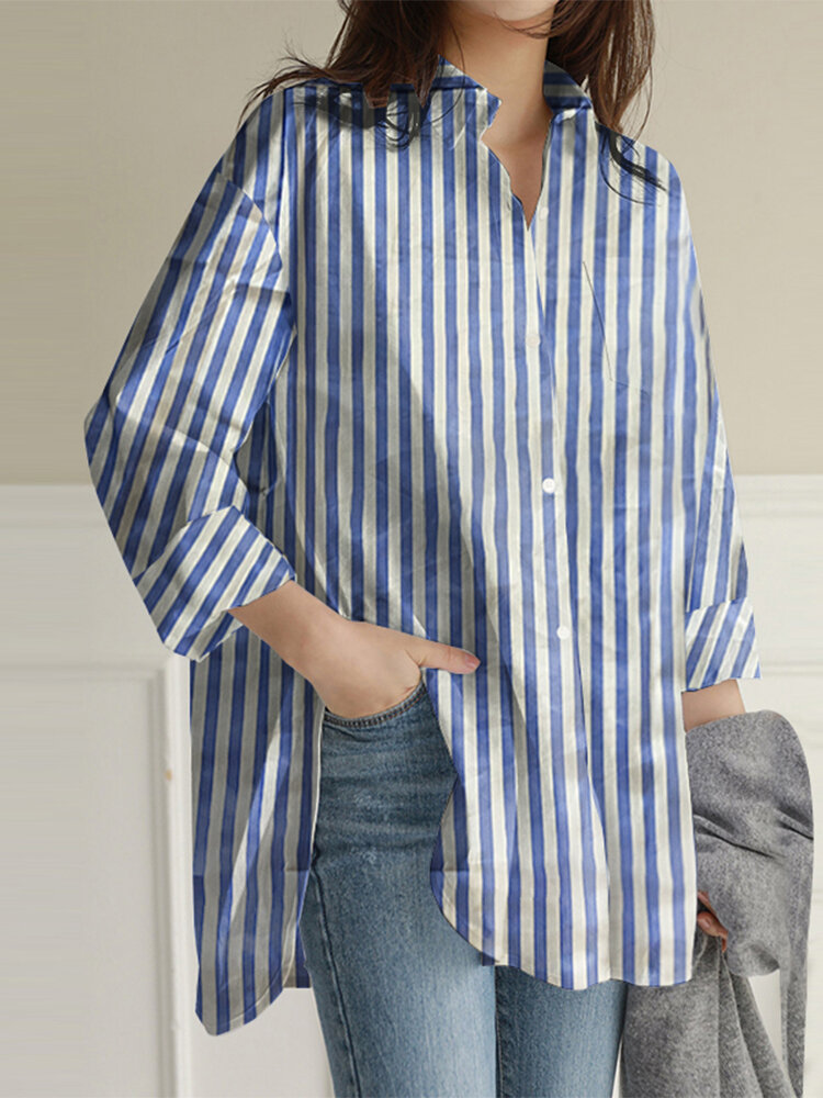 Women Vertical Stripe Print Split Irregular Hem Long Sleeve Casual Shirt With Pocket