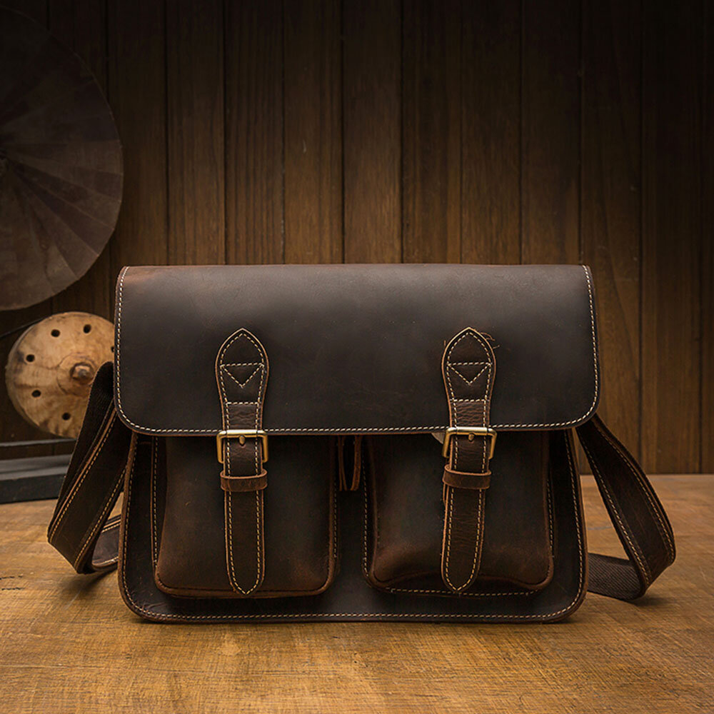 Ekphero Men PU Leather Vintage Large Capacity Crossbody Bag Multi Pocket Durable Messenger Shoulder 