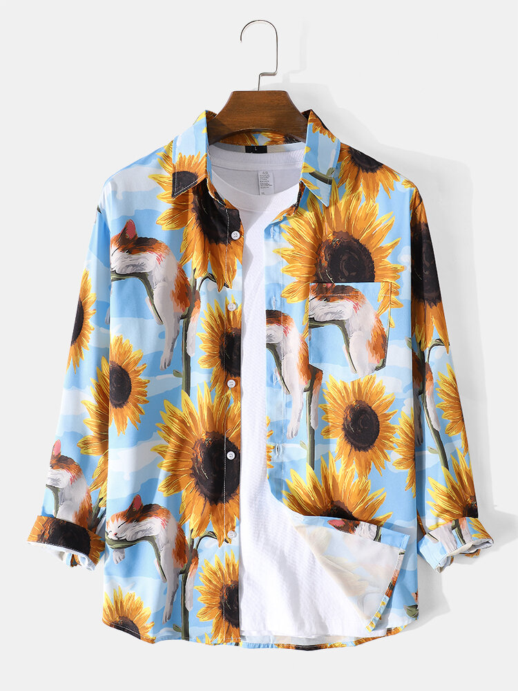 

Mens Sunflowers Print Holiday Casual Lapel Long Sleeve Shirt