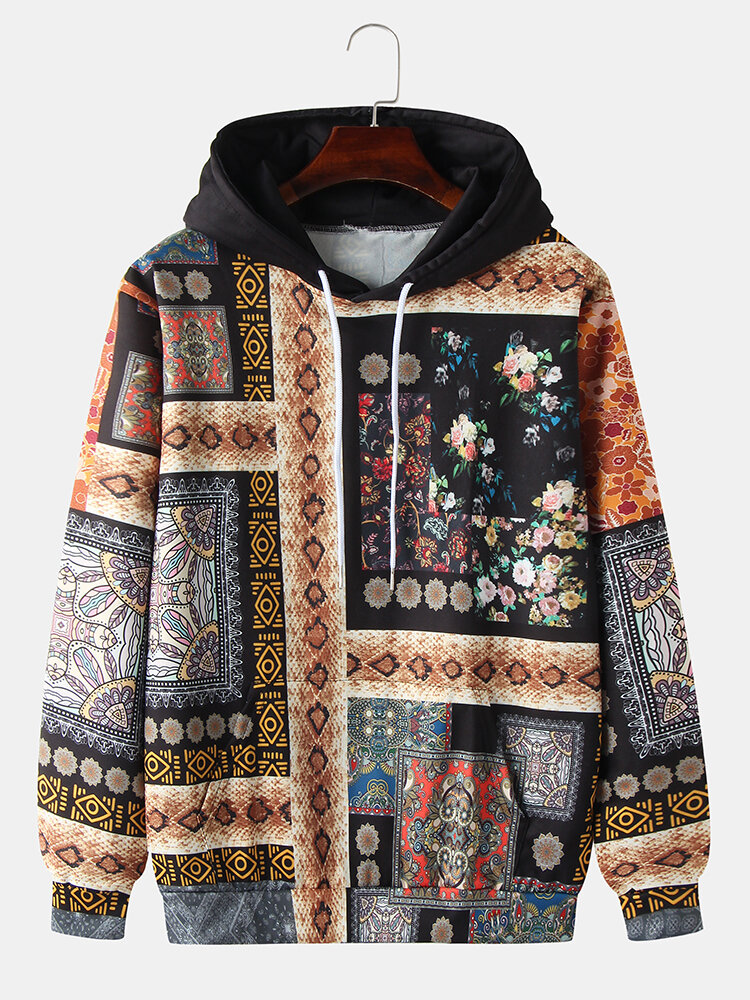 Heren Snake-Skin etnische stijl print vintage hoodies met lange mouwen en kangoeroezak