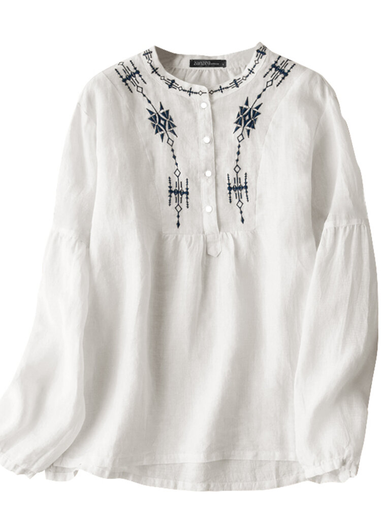 Pure Cotton Embroidery Solid Geometric Spliced Casual Shirt for Women