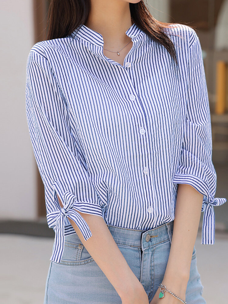

Stripe Print Tie-up At Cuffs Button Stand Collar Blouse